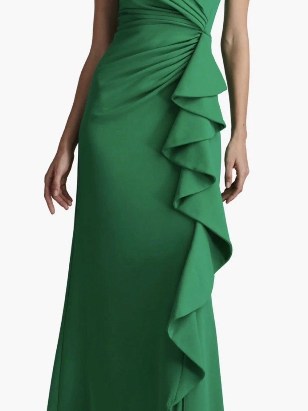 Tadashi Shoji Talise Cascade Ruffle Portrait Neck Gown Green Leaf  Size M